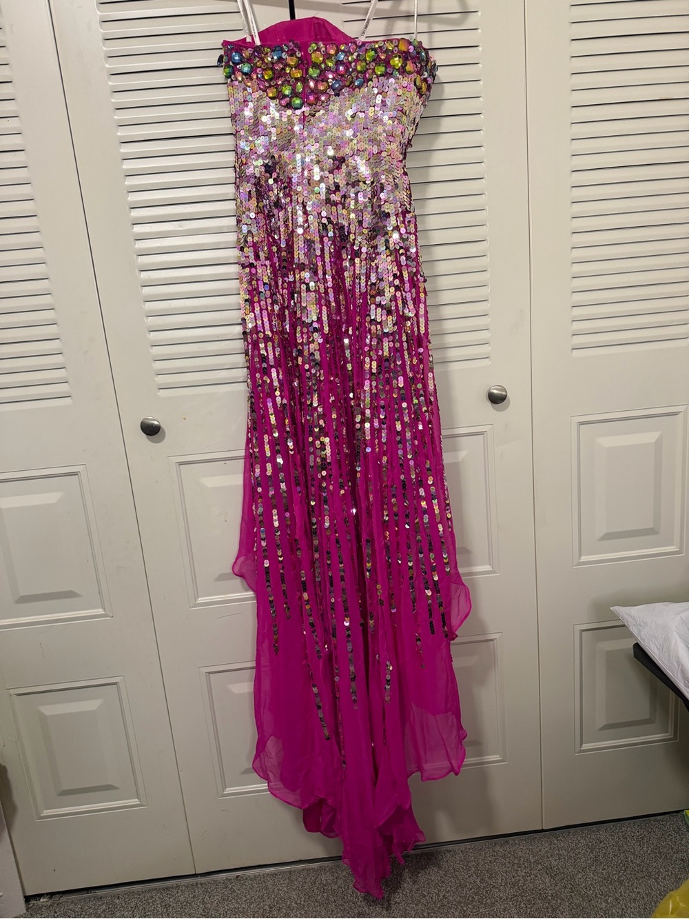 Sherri Hill Fuchsia Strapless Sequin High-Low Gown - Picture 7 of 9